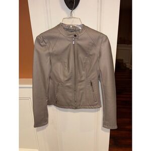 EXPRESS Faux Leather Moto Jacket Taupe Womens XS Snap Collar Zip Pockets